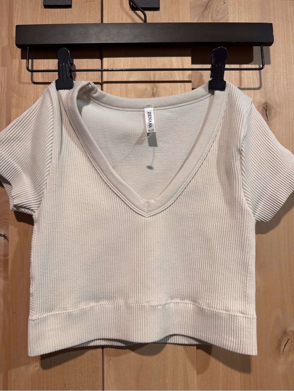 Zenana Cream V-Neck Ribbed Crop Top